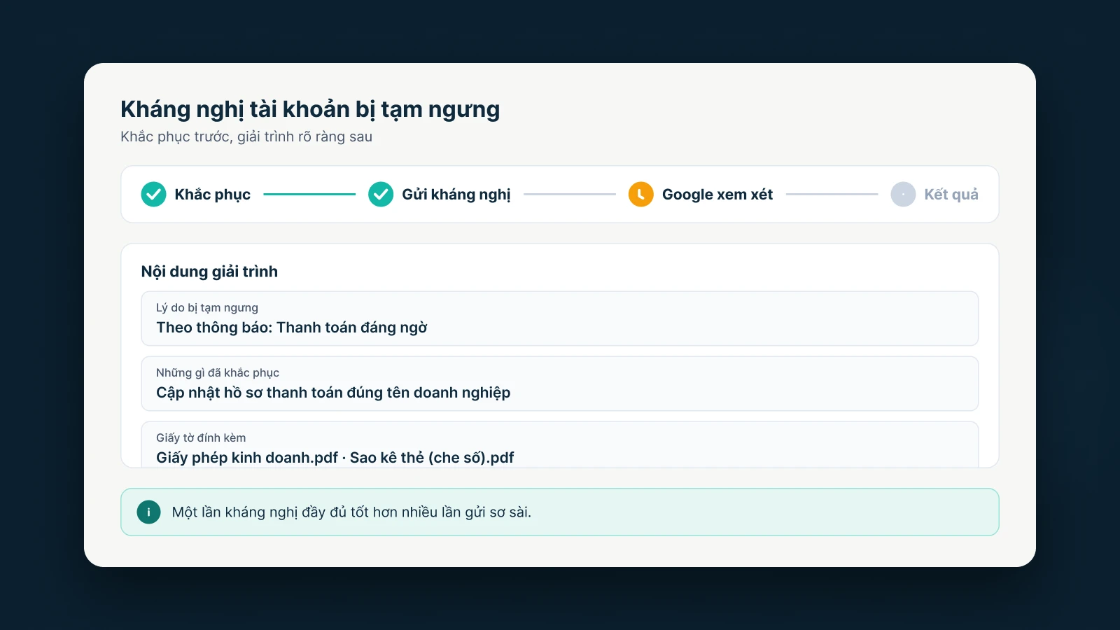 Các bước kháng nghị và nội dung giải trình gửi Google