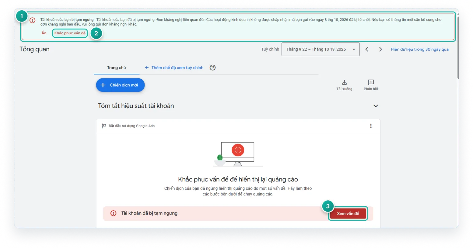 Thông báo tài khoản bị tạm ngưng trong Google Ads